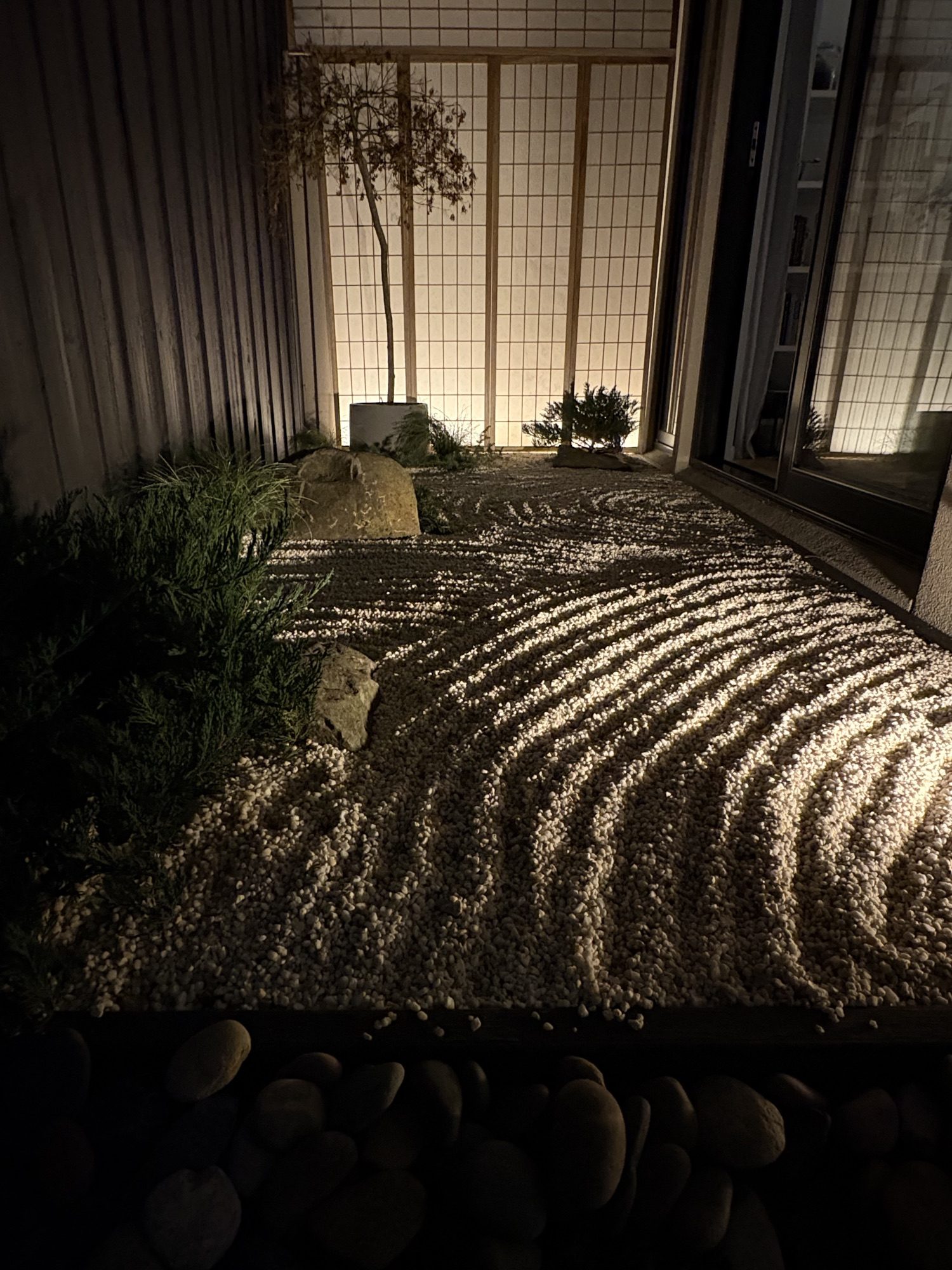 The finished Zen garden, lit at night